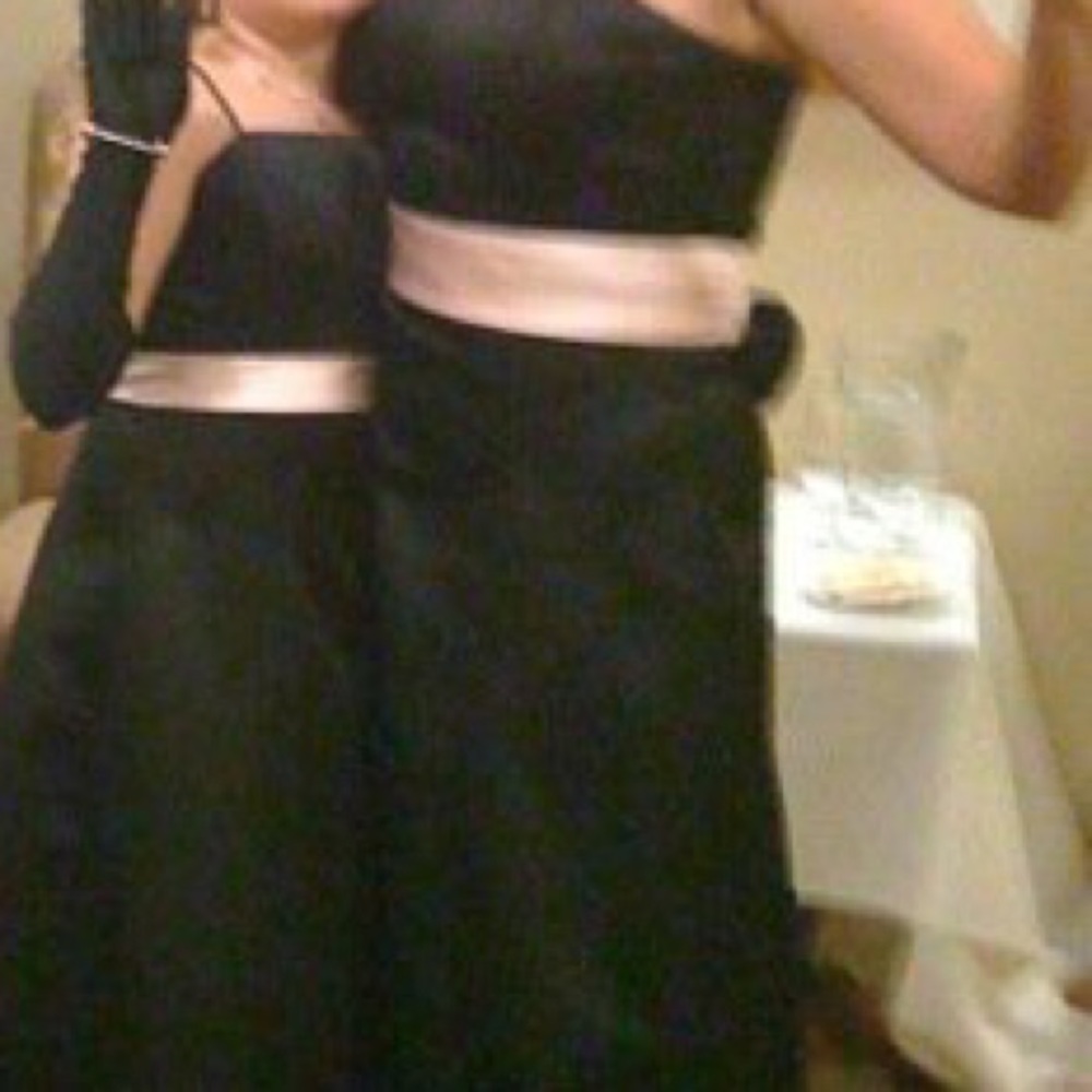 Black formal dress David’s Bridal with pink sash